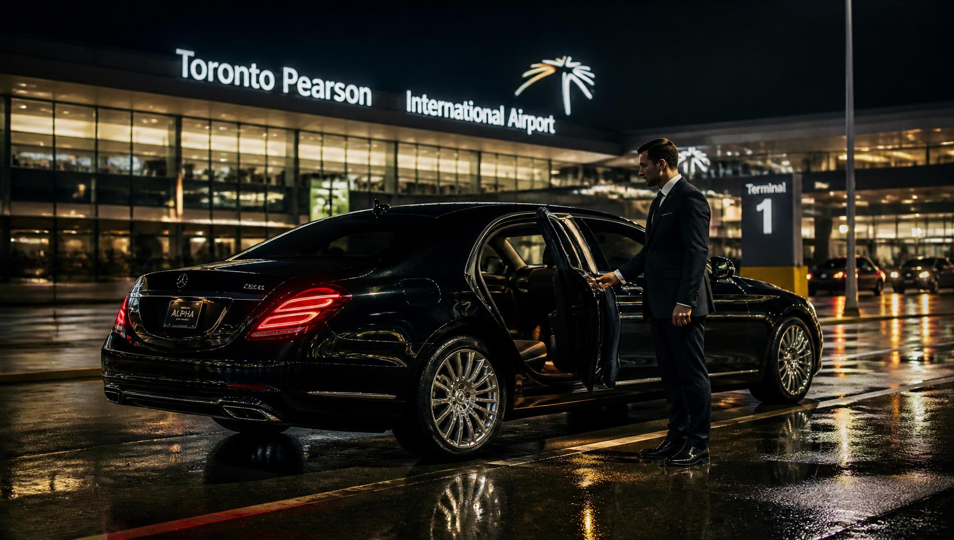 Sedan waiting outside Toronto Pearson International Airport at dusk